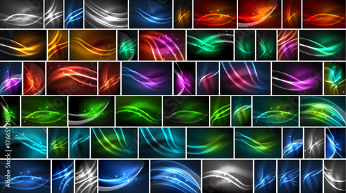 Bright colorful wave patterns fill rectangular frames. Various hues create dynamic visual textures, gradients present.