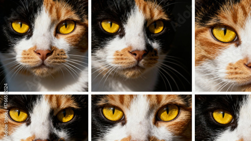 Close-up collage of a calico cat with striking yellow eyes and detailed facial features