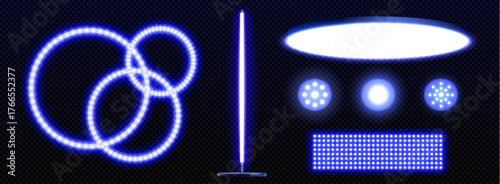 Blue led light strip elements with glowing neon circles, vertical pole and beam on transparent bg for modern decoration. Dot matrix panel with round spotlights for nightclub or entertainment design.
