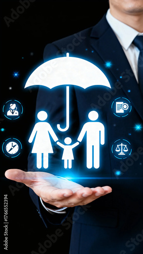 Businessman holding a glowing family under an umbrella with icons representing protection, law, finance, and time.