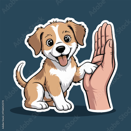 Cartoon dog giving a high five to a hand with a blue background in a sticker style illustration
