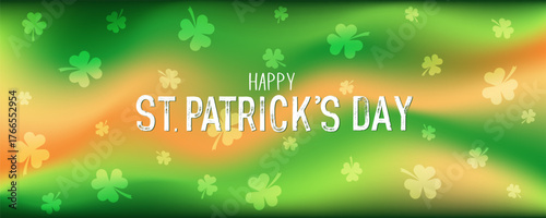 Happy St.Patricks Day holiday horizontal banner. Contemporary template with blurred gradient and shamrocks. Aesthetic y2k design for social media, advertising, web