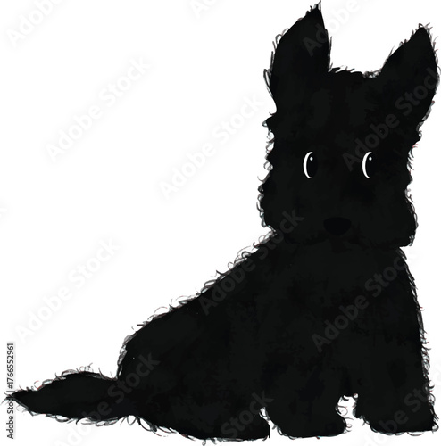 Cute Black Fluffy Puppy Simple Watercolor Illustration