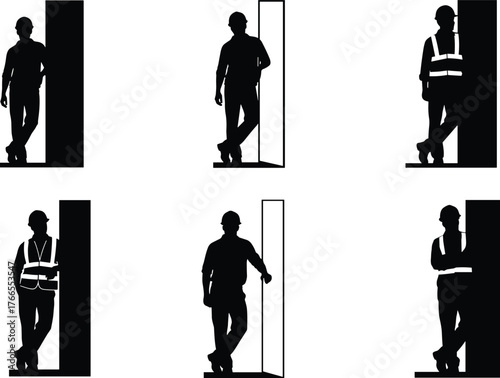 Construction worker silhouette leaning on wall, industrial man resting after work, safety helmet person illustration, labor workforce concept design vector
