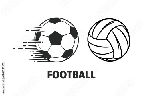 Football and Volleyball Icon Set Vector, Monochrome Sports Balls Speed Motion Graphic, Equipment