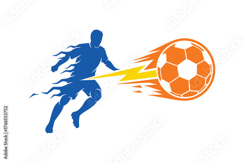 Dynamic Soccer Player Logo with Lightning Bolt Strike and Orange Speed Ball Vector Illustration Energy & Power Concept