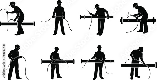 Construction worker welding metal pipe silhouette, industrial welder with cable, engineering repair process, factory maintenance, manufacturing industry vector illustration