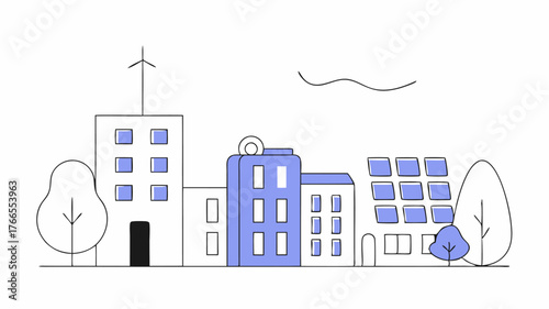 A vibrant cityscape with buildings made from recycled materials showcasing innovation and ecofriendly architecture in an urban environment.