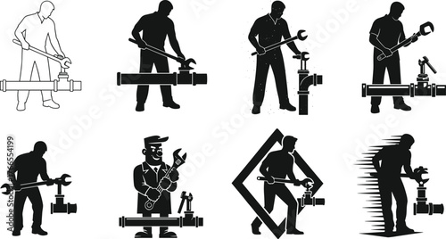 Plumber worker fixing water pipe illustration, plumbing repair with wrench and valve, maintenance technician, industrial pipeline, construction service, vector design