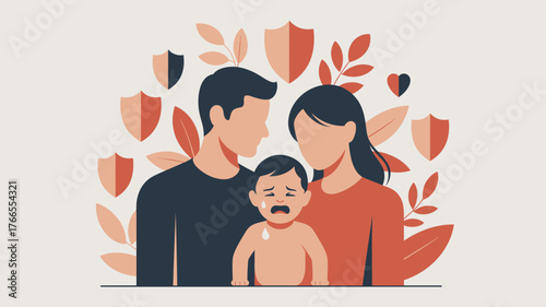 Flat Art of Parents Protecting a Crying Baby, Surrounded by Shields and Leaves