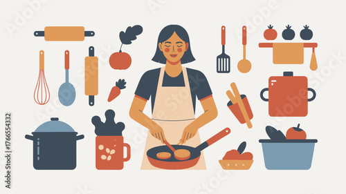 Flat Illustration of a Woman Cooking in a Pan with Various Kitchen Utensils and Ingredients