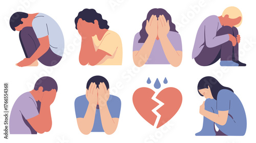 Flat Illustration of People Expressing Sadness, Despair, and Heartbreak with a Symbol of a Broken Heart
