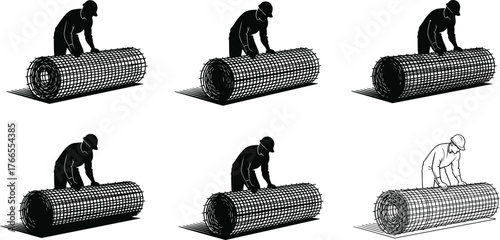 Silhouette illustration of construction worker laying steel mesh reinforcement, building foundation, industrial labor, safety helmet, civil engineering, construction process
