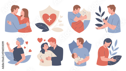 Flat Illustration of Various Emotional Support Scenarios Family, Friends, and SelfCare Moments