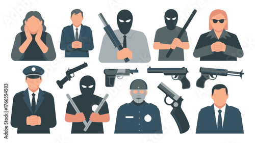Flat Illustration Security Personnel, Robbers, and Various Firearms Depicted in a Simple Style