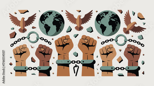 Global Freedom Illustration Raised Fists, Broken Chains, Earth Globes, and Doves Symbolizing Peace
