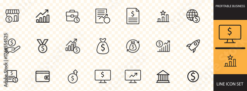 Profitable Business line icons set . editable stroke, featuring strategy, revenue, competitive advance, margin, manufacturing, supply, sustainability, product