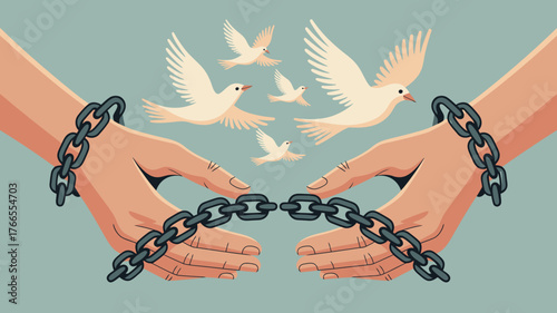Hands Bound by Chains, White Doves Flying Away, Symbolizing Freedom and Liberation