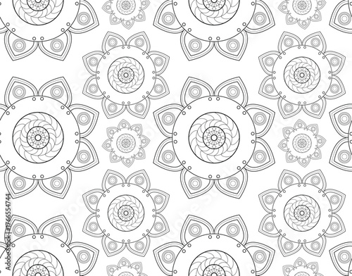 Hand-drawn mandala background with repeating ornamental motifs. Seamless pattern in vector.