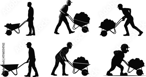 Silhouette illustration of construction workers pushing wheelbarrows, laborers at work, industrial occupation, building site teamwork, manual work and transportation