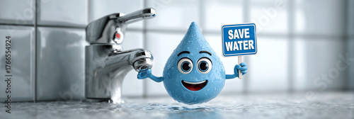 Extreme close-up of a smiling cartoon water droplet next to a shiny faucet, holding a 