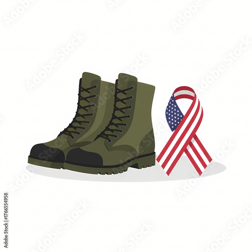 Military Boot with Remembrance Poppy Flower - Symbol of War, Peace, Veterans