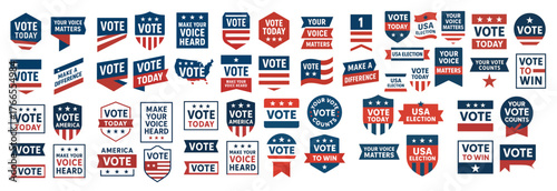 Vector bundle of patriotic vote badges, banners, and labels in red, white, and blue for elections, campaigns, and civic engagement