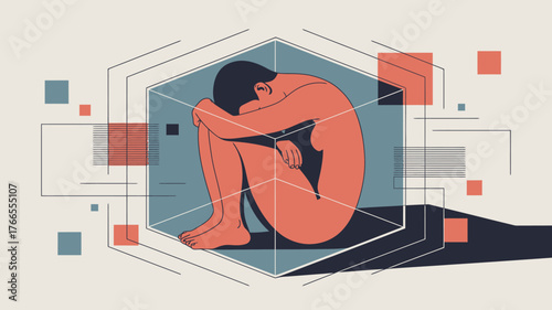 Illustrated Figure Curled in Geometric Cube Depicting Isolation and Mental Health Struggles