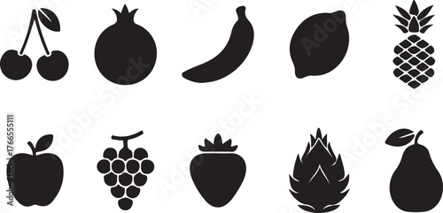 Collection of black silhouette icons representing various fresh fruits on a white background