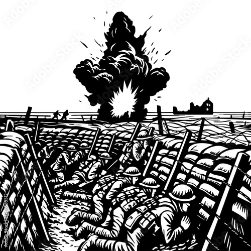 Trench Warfare Explosion Scene – Soldiers Taking Cover in Black and White Vector Illustration