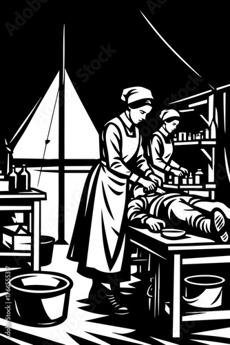 WWI Field Hospital Scene – Nurses Treating Wounded Soldier in Black and White Vector Illustration