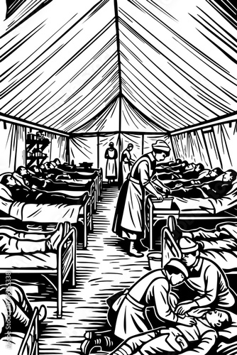 WWI Field Hospital Interior – Nurses Treating Wounded Soldiers in Black and White Vector Illustration