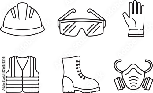 Collection of construction safety equipment icons in line art style