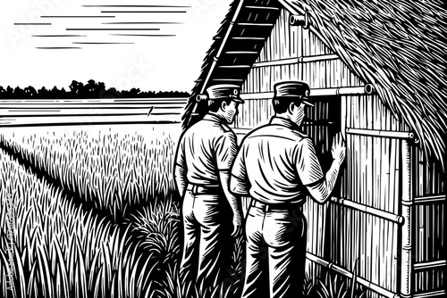 Soldiers Inspecting Rural Hut – Black and White Vector Illustration of Wartime Scene