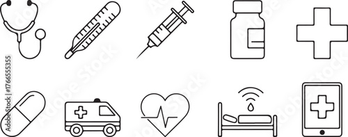 Collection of hand drawn medical icons representing healthcare and medicine services
