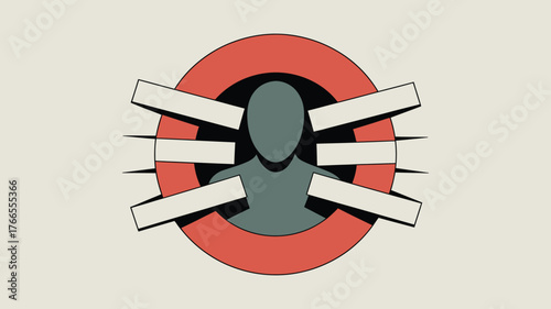 Illustrated Person Censored with Rectangles and Red Circle on Light Beige Background Graphic