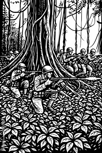 Jungle Warfare Scene – Soldiers Advancing Through Forest in Black and White Vector Illustration