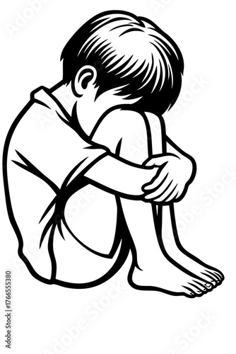 Sad Child Sitting Alone – Black and White Vector Illustration Expressing Loneliness and Emotion