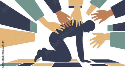 Illustrated Person Kneeling Surrounded by Hands, Symbolic of Harassment, Pressure, and Stress
