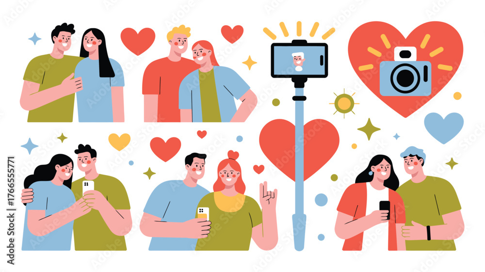 Fototapeta premium Illustration of Diverse Couples Taking Selfies with Phones, Camera, and Hearts Scattered Around