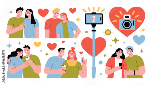Illustration of Diverse Couples Taking Selfies with Phones, Camera, and Hearts Scattered Around