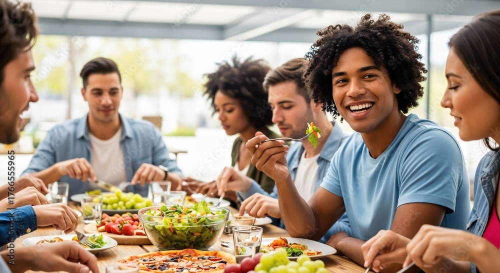 Fototapeta premium Group of Diverse Young Adults Enjoying a Casual Meal Together Outdoors at a Restaurant, Sharing Laughter and Delicious Food, Celebrating Friendship and Community