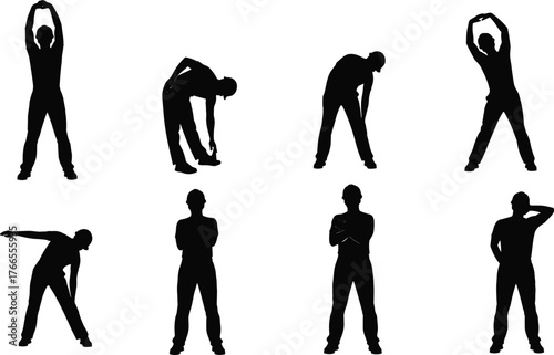 Silhouette of man stretching and exercising body, fitness warm up poses, healthy lifestyle, workout routine, flexibility and physical training illustration