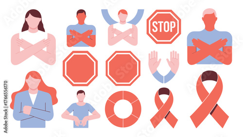 Illustration of People Crossing Arms, Stop Signs, and Ribbon Icons on White Background