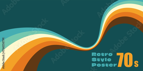 Colorful 1970s poster with radiating curved lines and central перспектива. Teal, orange, cream and brown stripes. Retro vector for interior design, groovy decor, nostalgic artwork