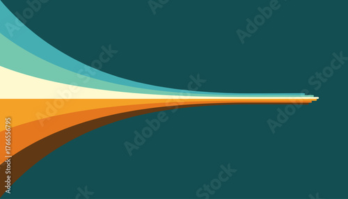 Retro 70s abstract poster with curved rainbow stripes and dynamic перспектива. Vintage wave pattern in teal, orange, yellow and brown. Vector illustration for wall art, print, decor