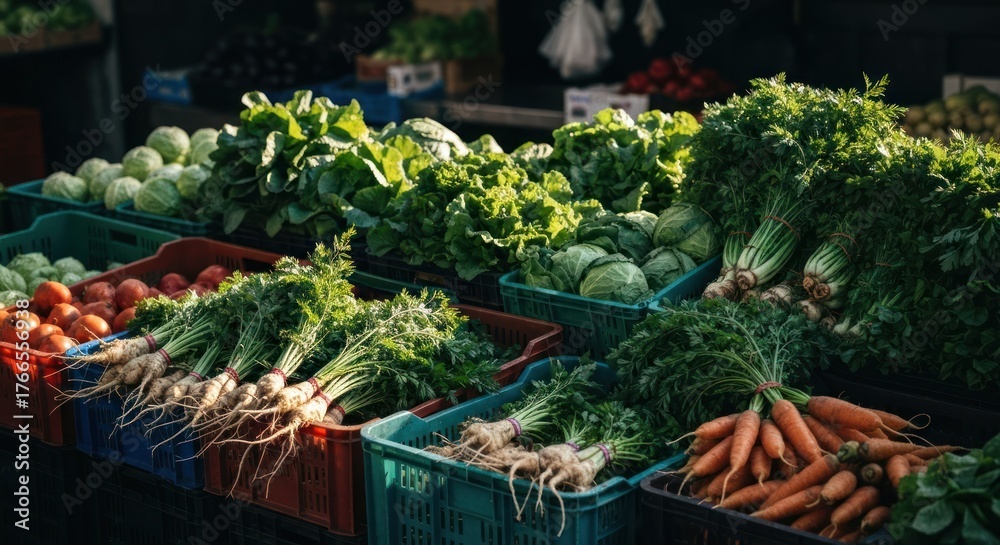 Fototapeta premium Fresh vegetables and greens displayed in colorful crates at a farmers' market stall