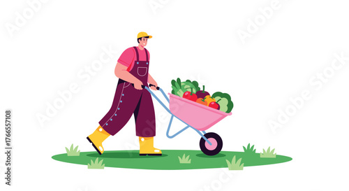 A happy male gardener pushes a pink wheelbarrow brimming with a colorful array of fresh organic vegetables and fruits across a patch of green grass.