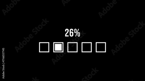 Animated progress loading bar showing percentage increase on a black background. Suitable for software updates, user interfaces, video transitions, or technology themed motion graphics.