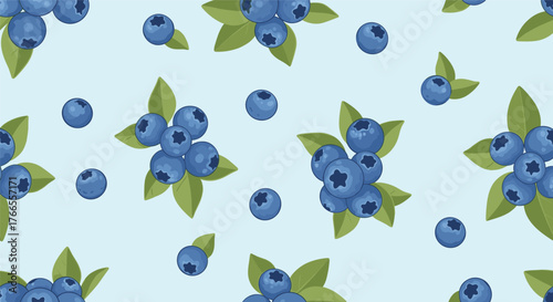 Seamless pattern of fresh blueberries with green leaves, scattered across a light blue background, perfect for fabric or packaging design.